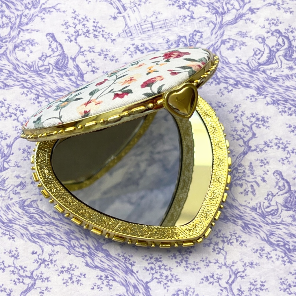 White Heart Shaped Floral Print Compact Mirror