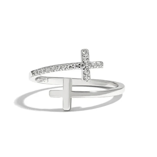 Silver Double-Cross Zircon Wrap Ring