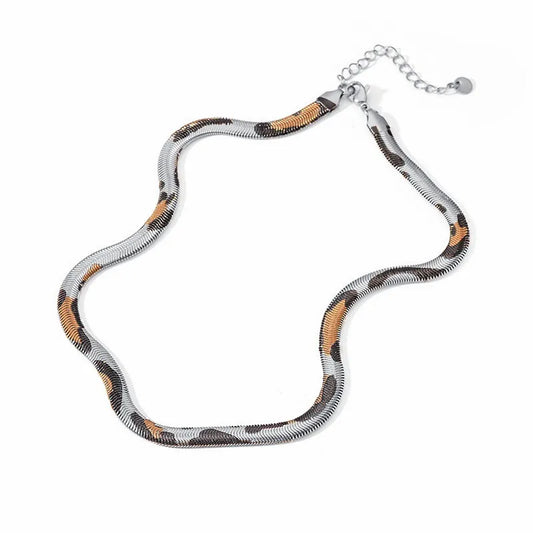 Silver Leopard Print Snake Chain Necklace