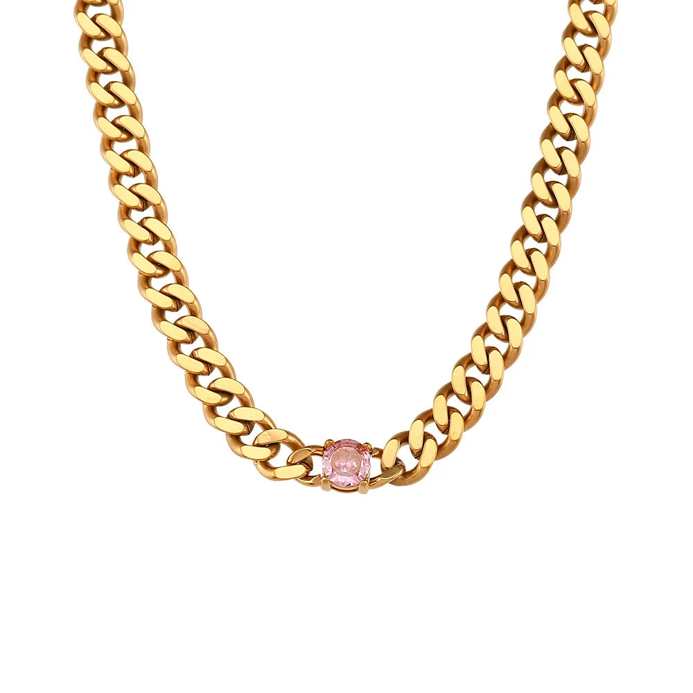 Pink Gem Cuban Link Necklace
