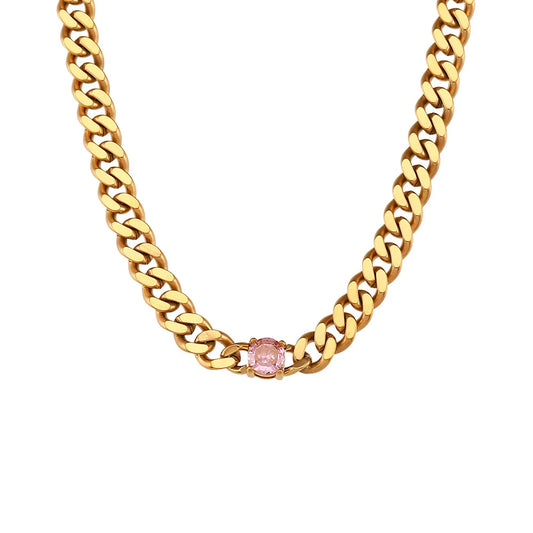 Pink Gem Cuban Link Necklace