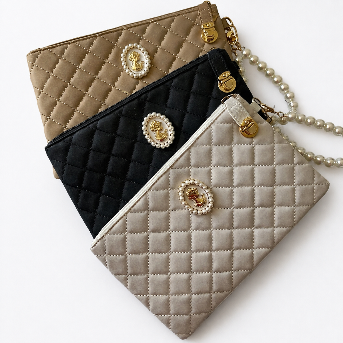 Vintage Style Cameo Head Quilted Pouch with Pearl Wristlet