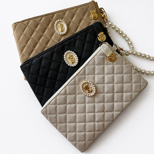 Vintage Style Cameo Head Quilted Pouch with Pearl Wristlet