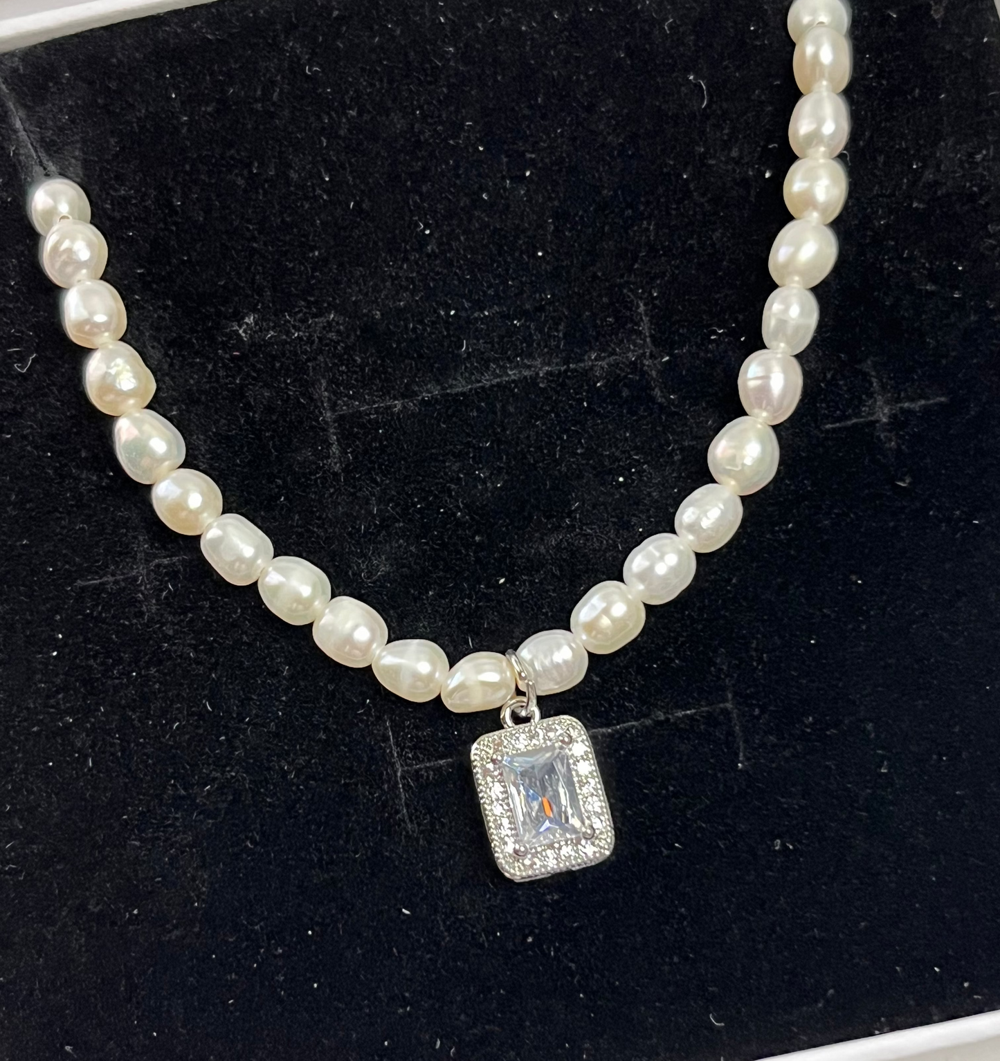 Freshwater Pearl Necklace with Emerald-Cut Zircon Pendant