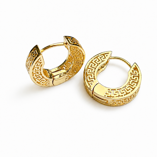 Gold Greek Key Huggie Hoop Earrings