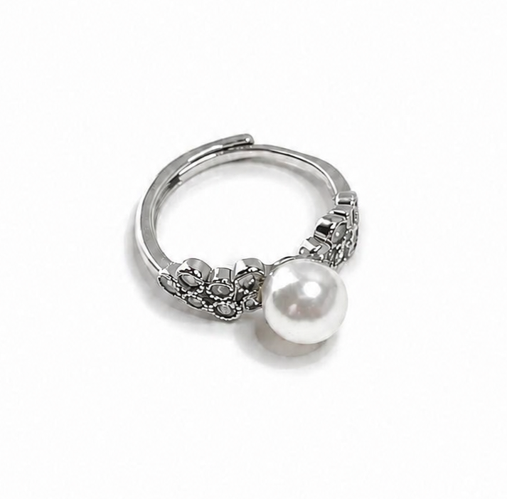 Silver Imitation Pearl Adjustable Ring – Floral Design