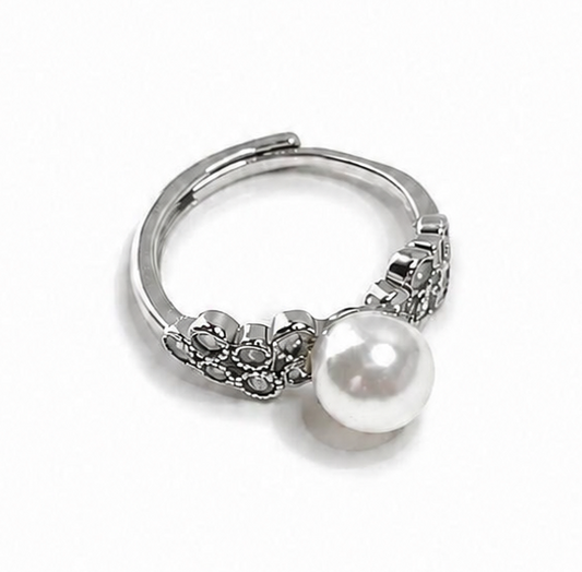 Silver Imitation Pearl Adjustable Ring – Floral Design
