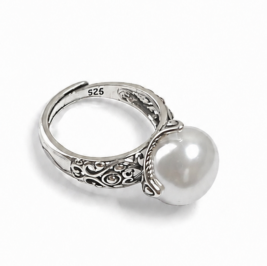 Vintage 925 Sterling Silver Artificial Pearl Filigree Ring