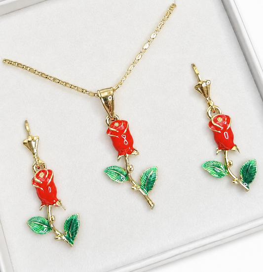 Red Rose Necklace & Earring Set