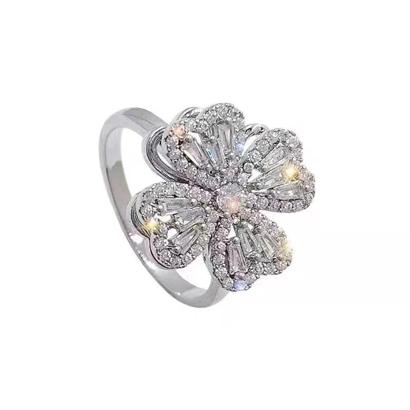 Silver Crystal Flower Statement Ring