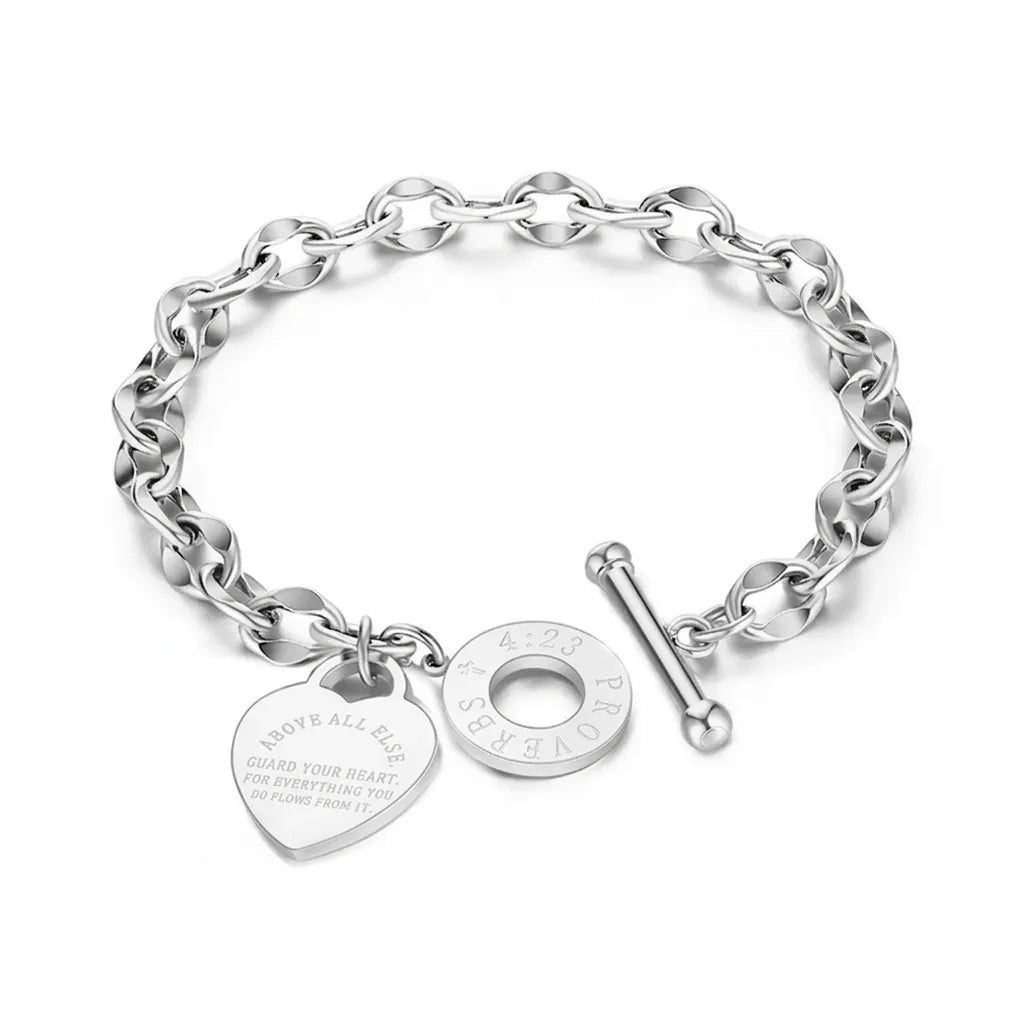 Silver Proverbs 4:23 Heart Charm Toggle Bracelet