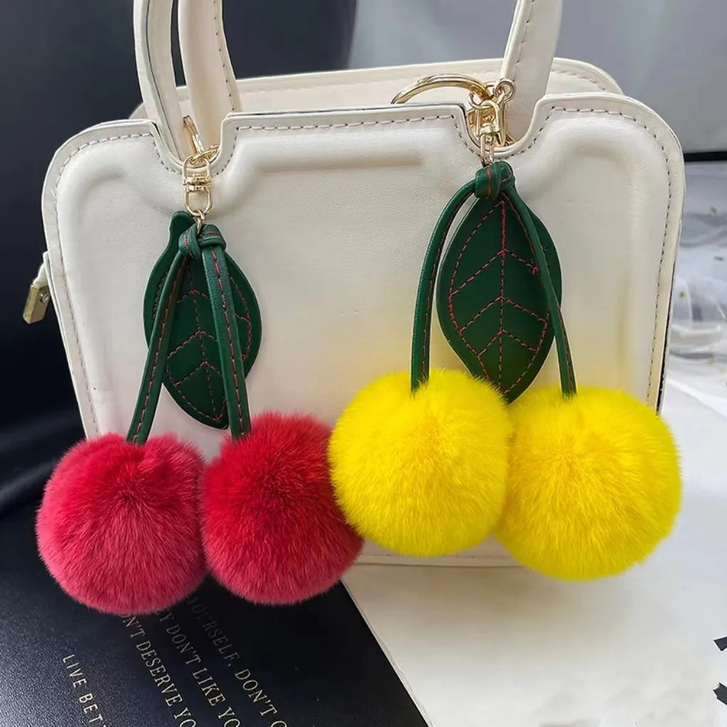 Fluffy Double Pom Pom Cherry Keychain