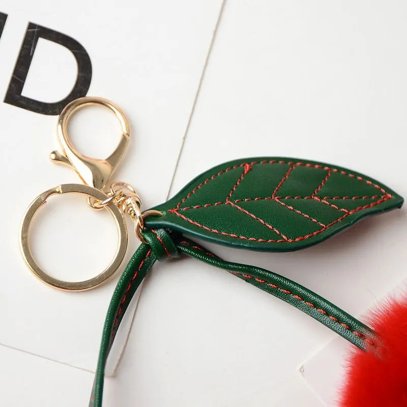 Fluffy Double Pom Pom Cherry Keychain