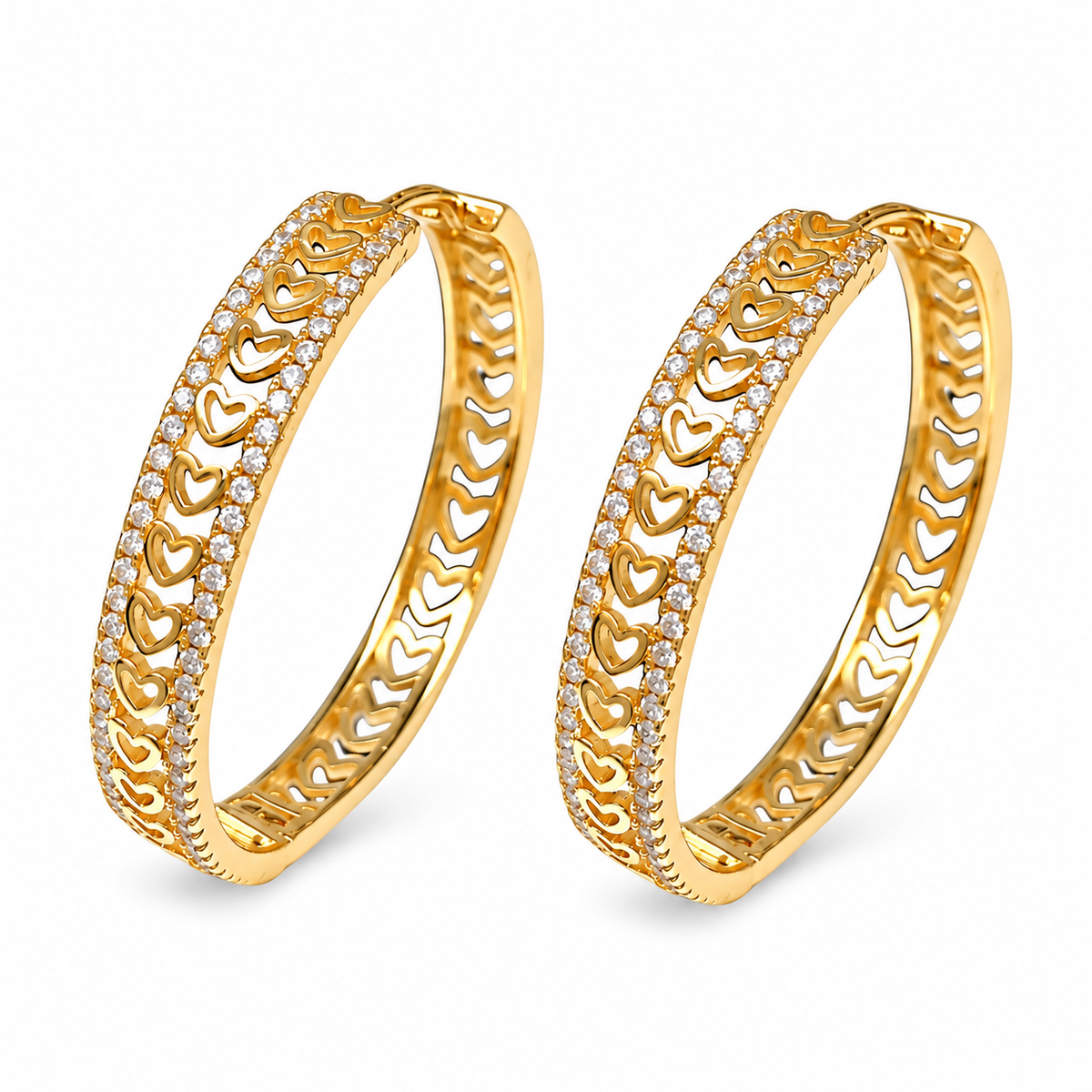 Gold Zircon Heart-Cutout Hoop Earrings