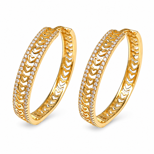 Gold Zircon Heart-Cutout Hoop Earrings