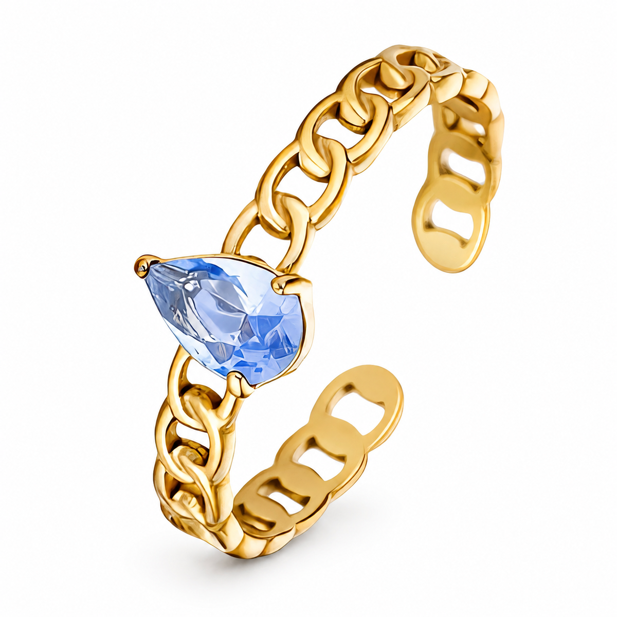 Blue Pear Cut Stone Chain Band Adjustable Ring