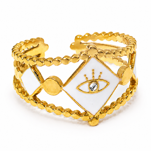 Golden Gaze White Enamel Evil Eye Statement Ring