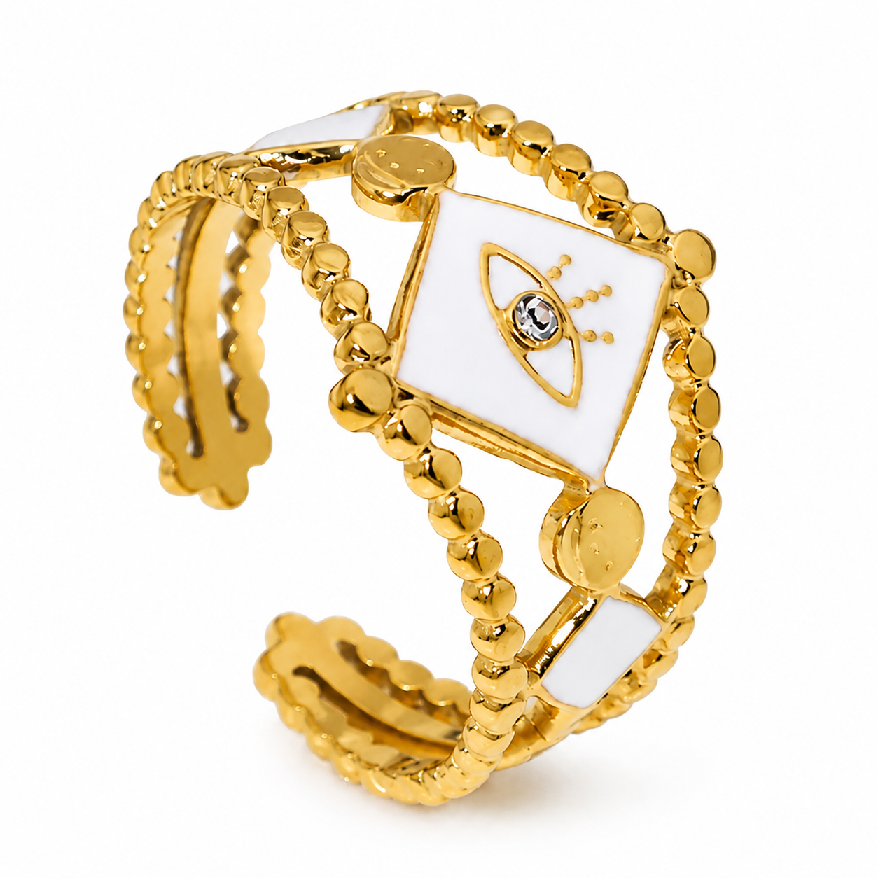 Golden Gaze White Enamel Evil Eye Statement Ring