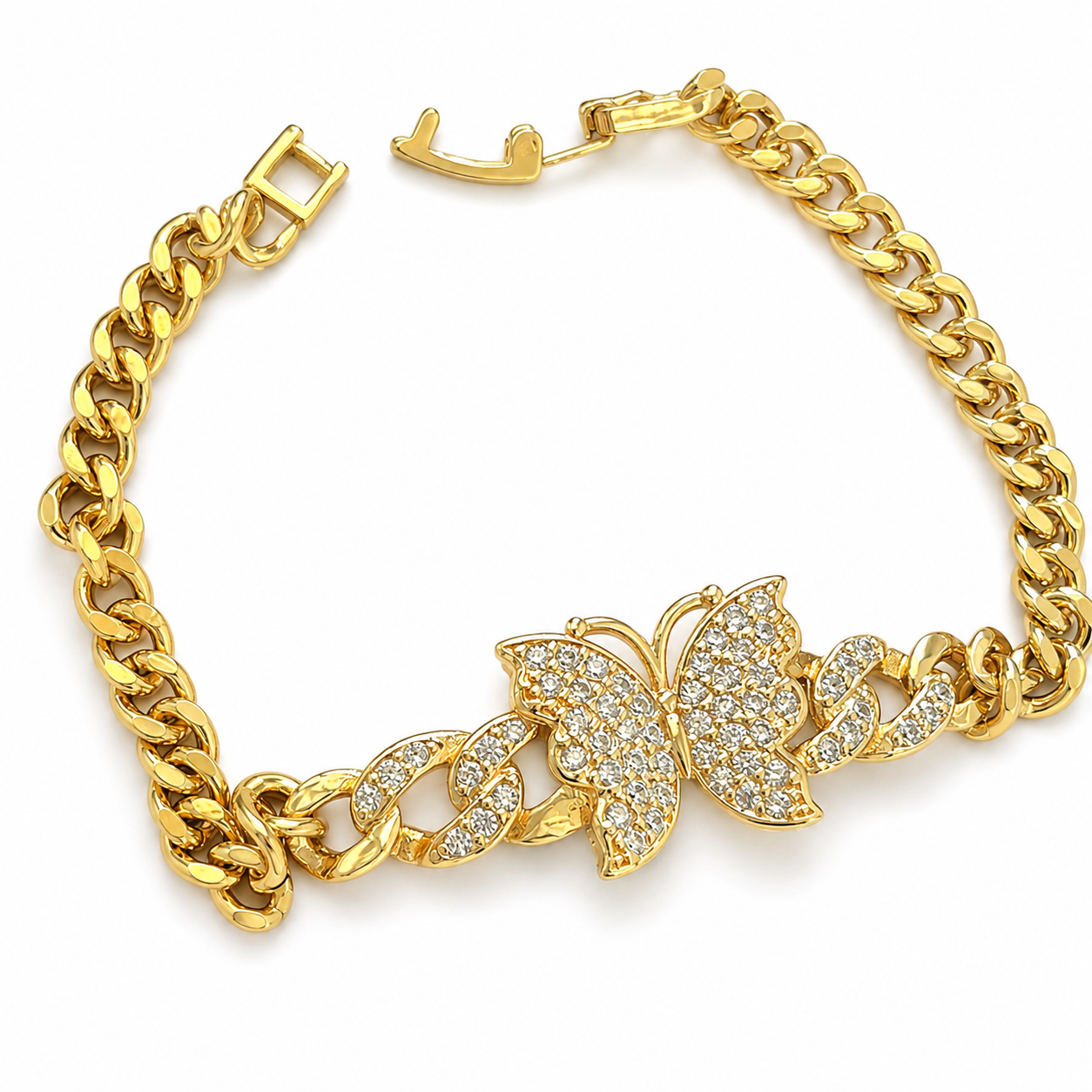 Gold Butterfly Zircon Cuban Link Bracelet