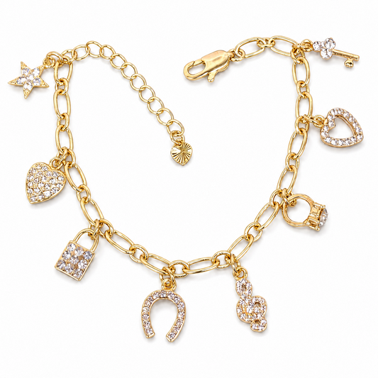 Gold Love and Luck Zircon Charm Bracelet