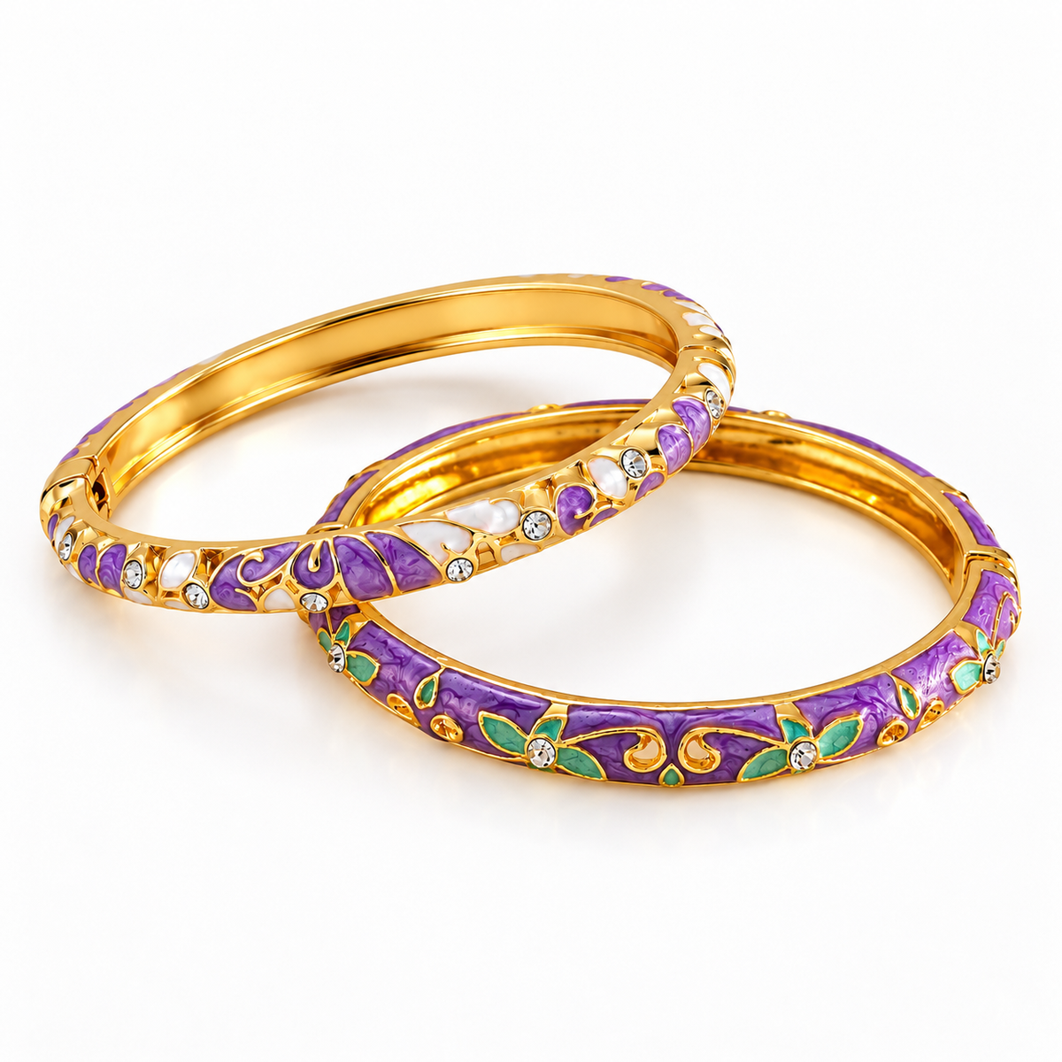 Gold Purple Floral Enamel Bangle Bracelet