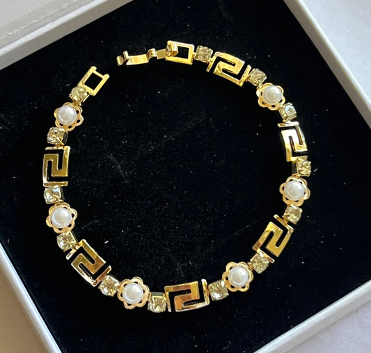 18k Gold Filled Greek Key Links Imitation Pearl Bracelet