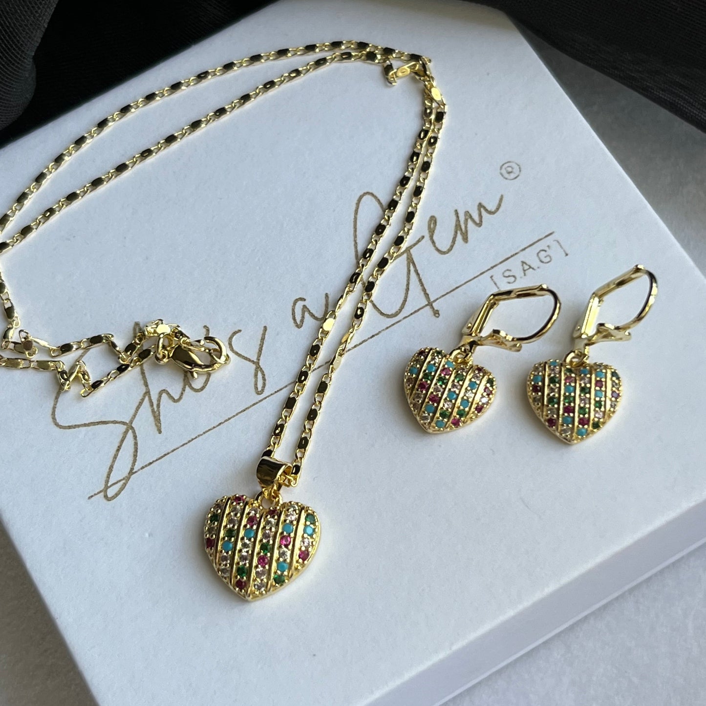 18K Gold Filled Multi-Color Heart Necklace & Earring Set