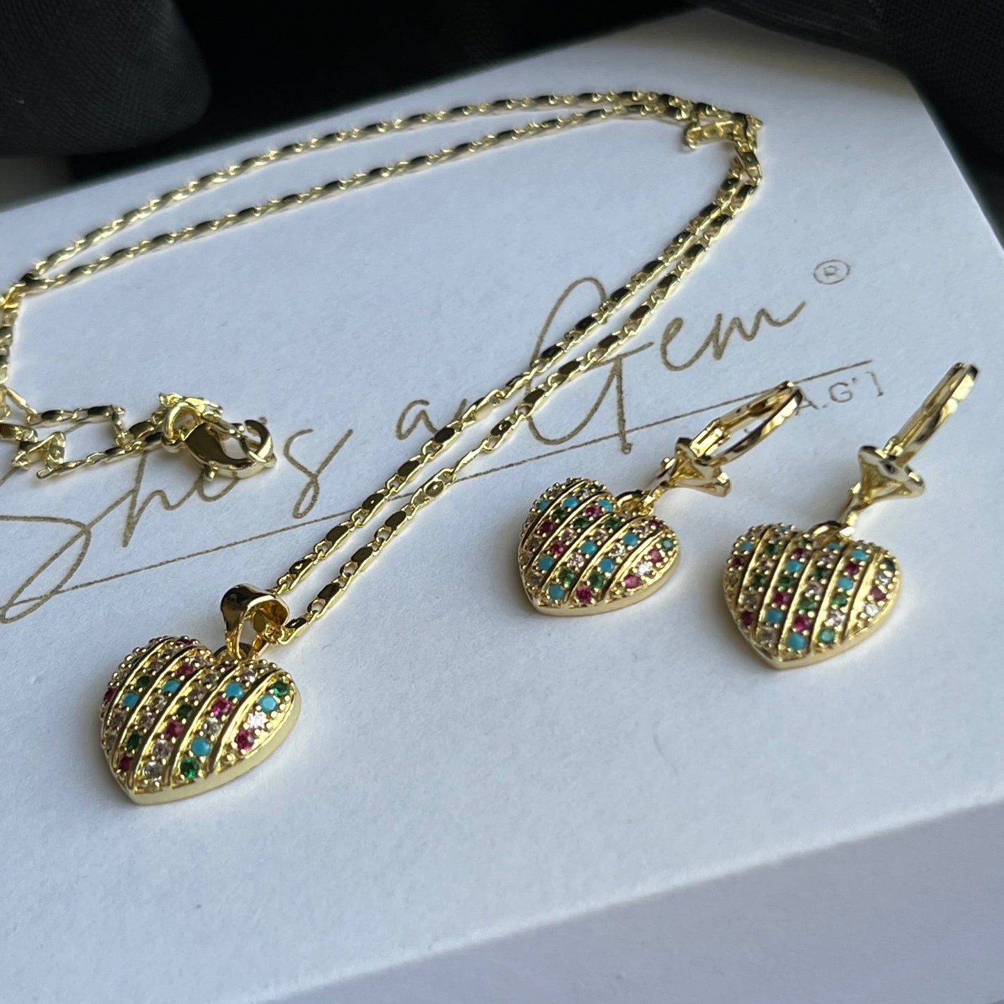 18K Gold Filled Multi-Color Heart Necklace & Earring Set