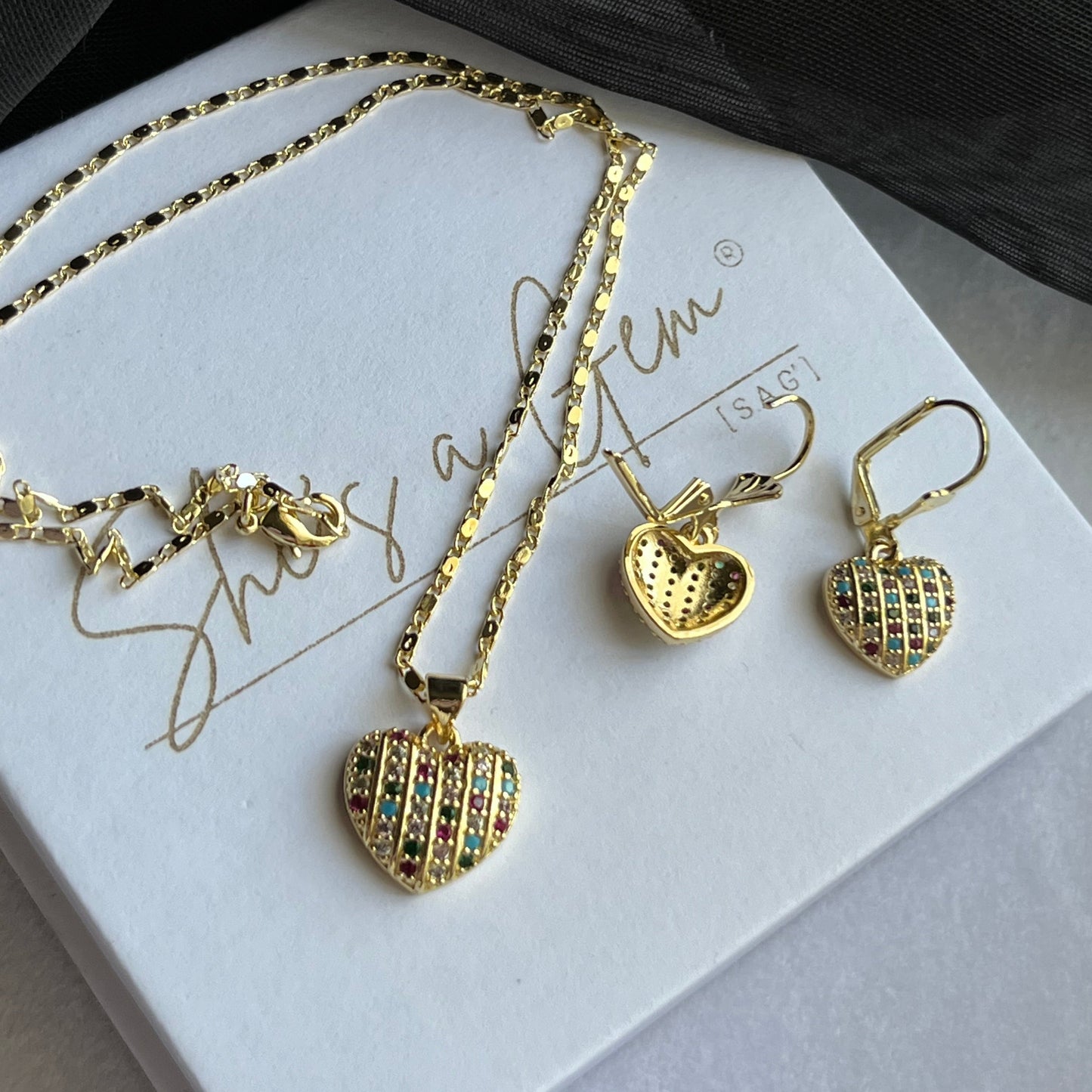 18K Gold Filled Multi-Color Heart Necklace & Earring Set