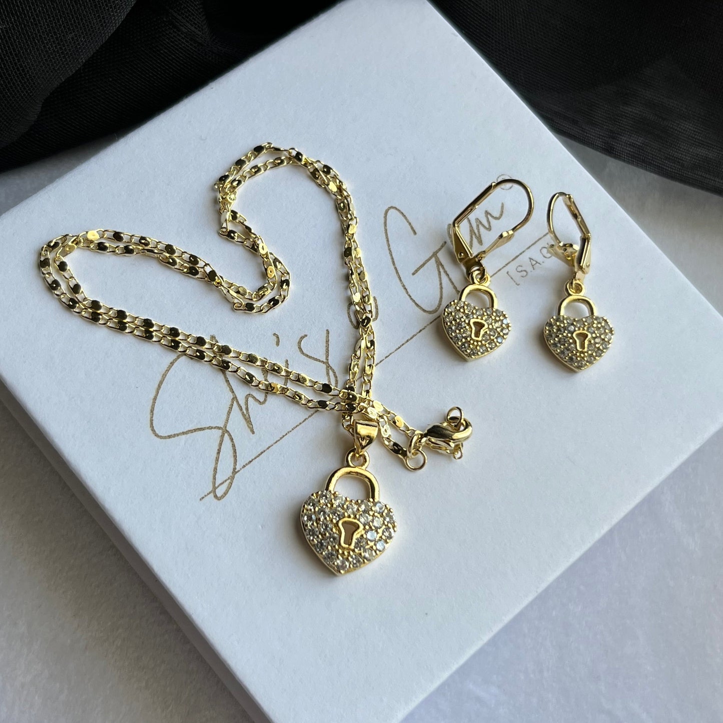 18K Gold Filled Heart Lock Necklace & Earring Set
