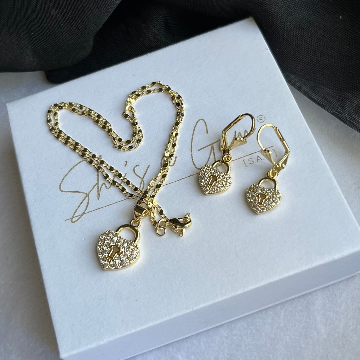 18K Gold Filled Heart Lock Necklace & Earring Set