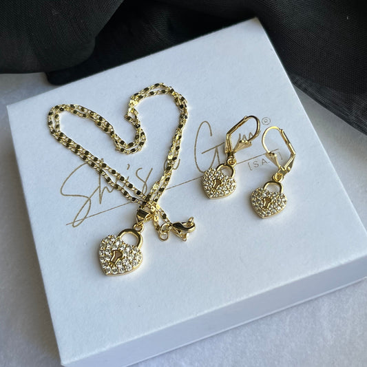 18K Gold Filled Heart Lock Necklace & Earring Set