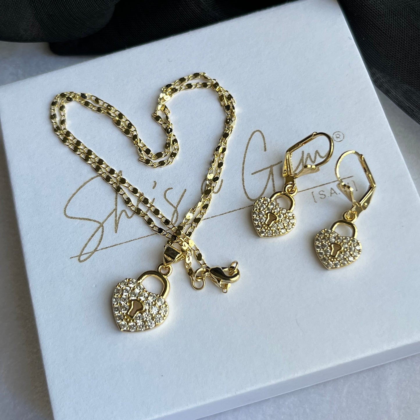 18K Gold Filled Heart Lock Necklace & Earring Set