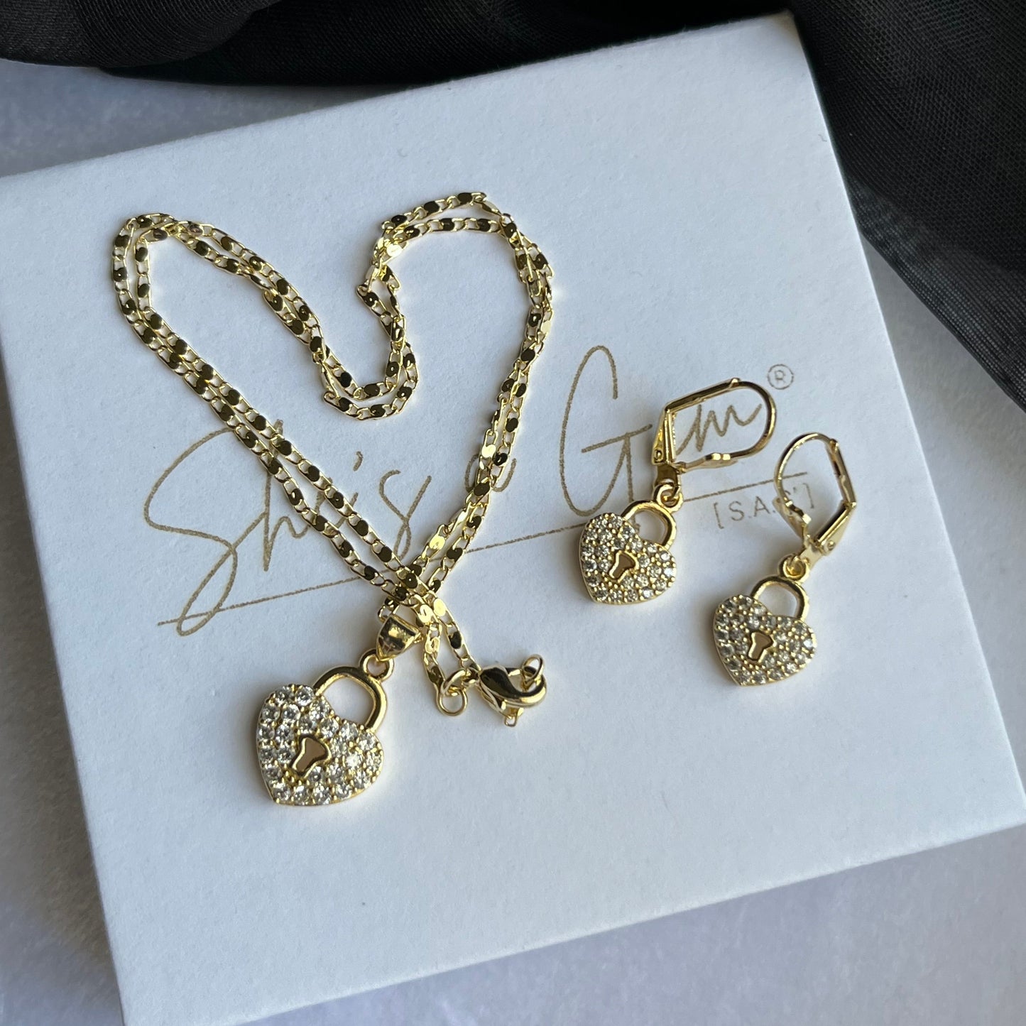 18K Gold Filled Heart Lock Necklace & Earring Set