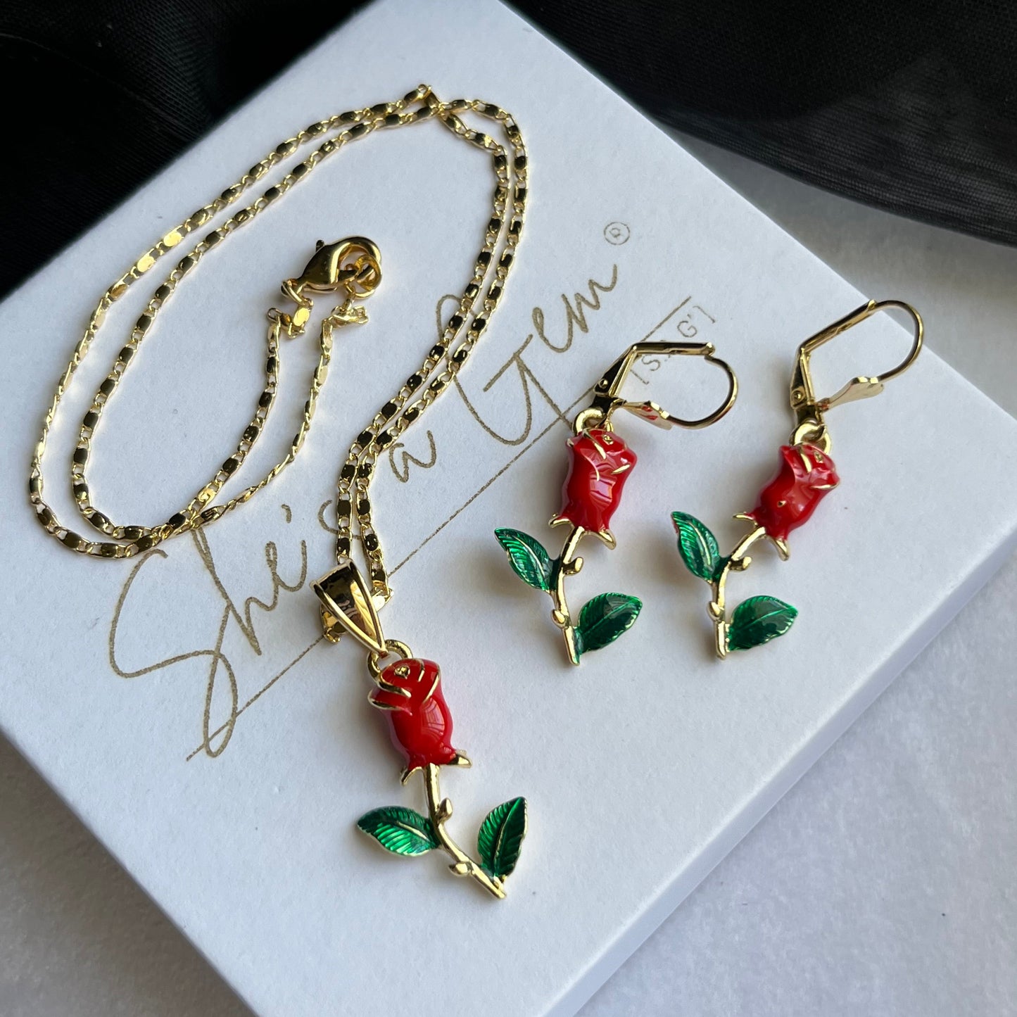 18K Gold Filled Rose Necklace & Earring Set