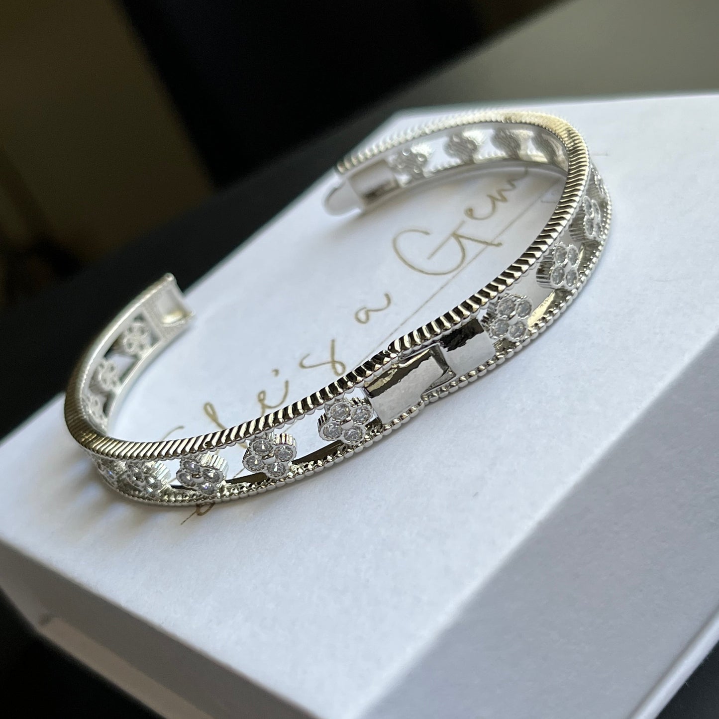 Silver Floral Blossom Zirconia Bangle Bracelet