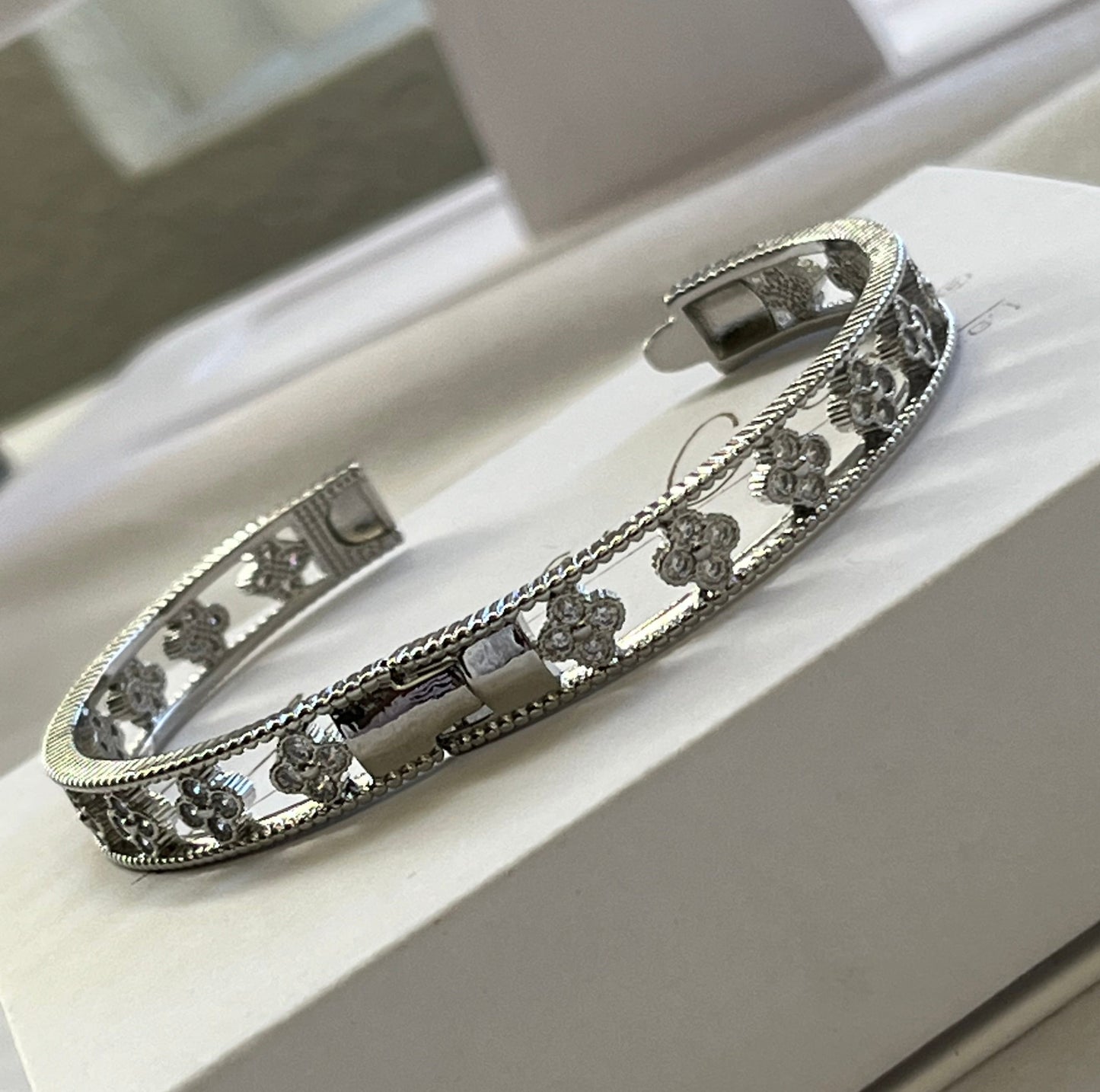 Silver Floral Blossom Zirconia Bangle Bracelet