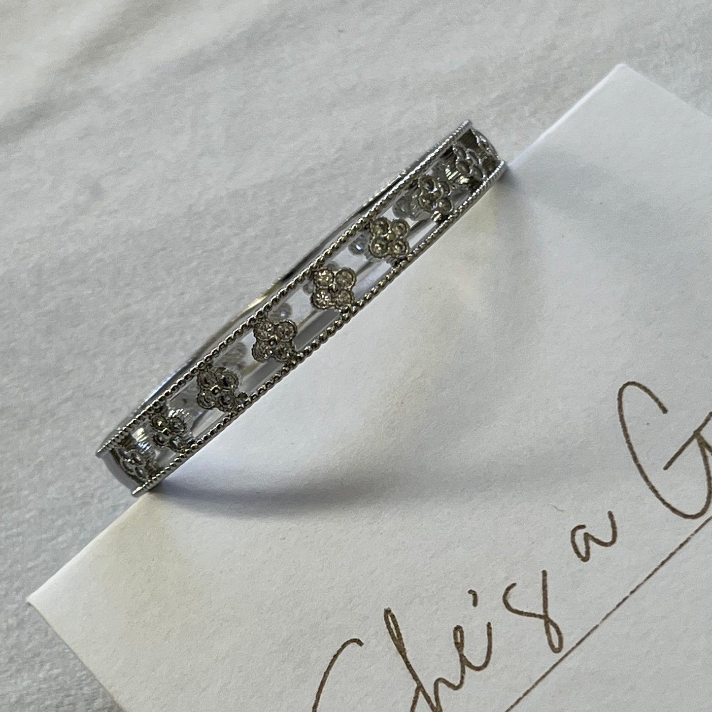 Silver Floral Blossom Zirconia Bangle Bracelet