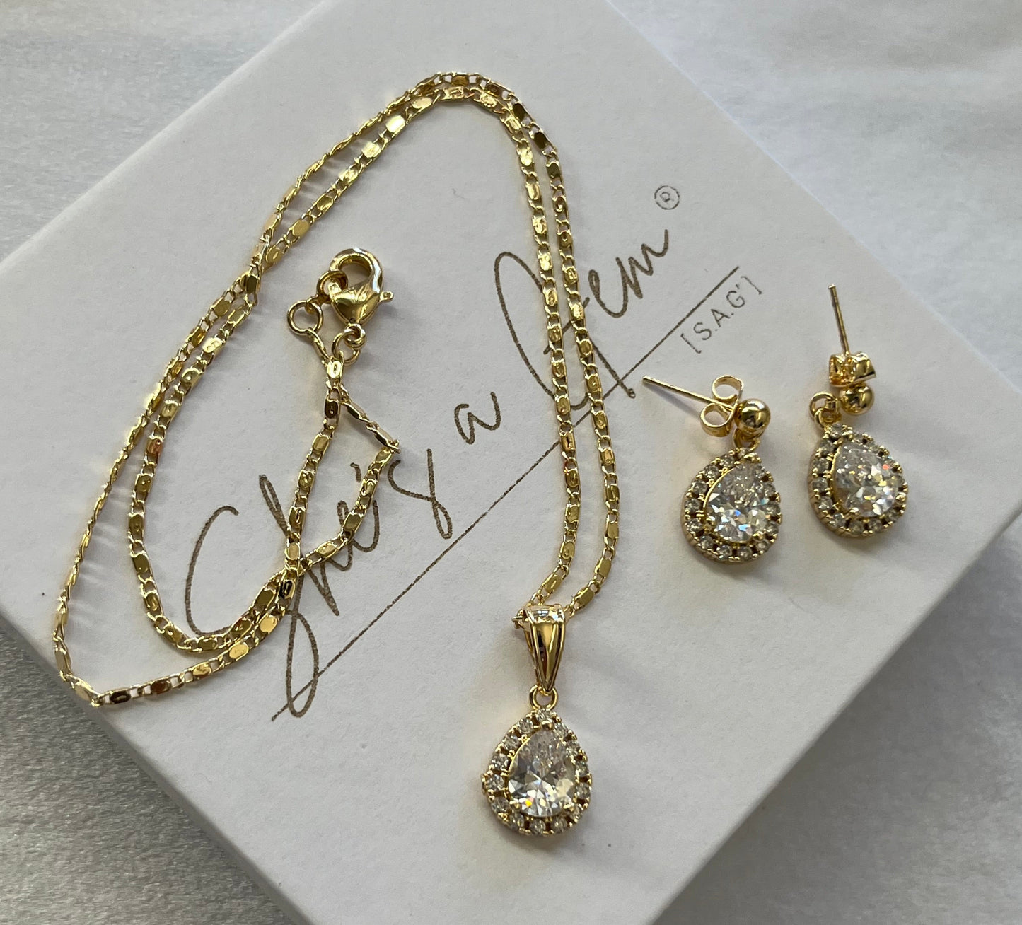 18K Gold Filled Pear Zirconia Necklace & Earring Set