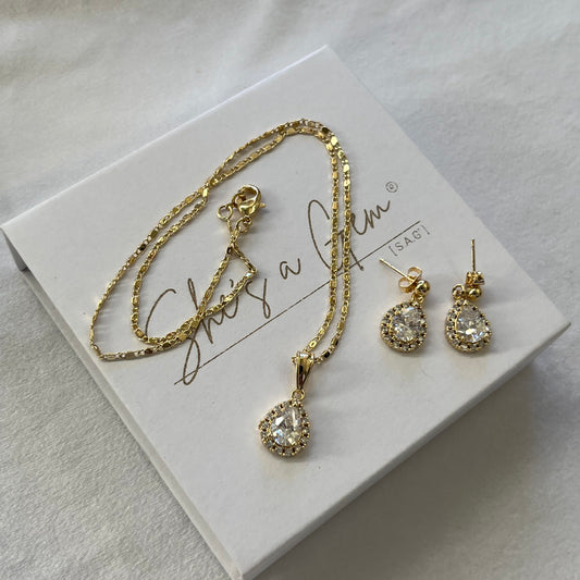 18K Gold Filled Pear Zirconia Necklace & Earring Set