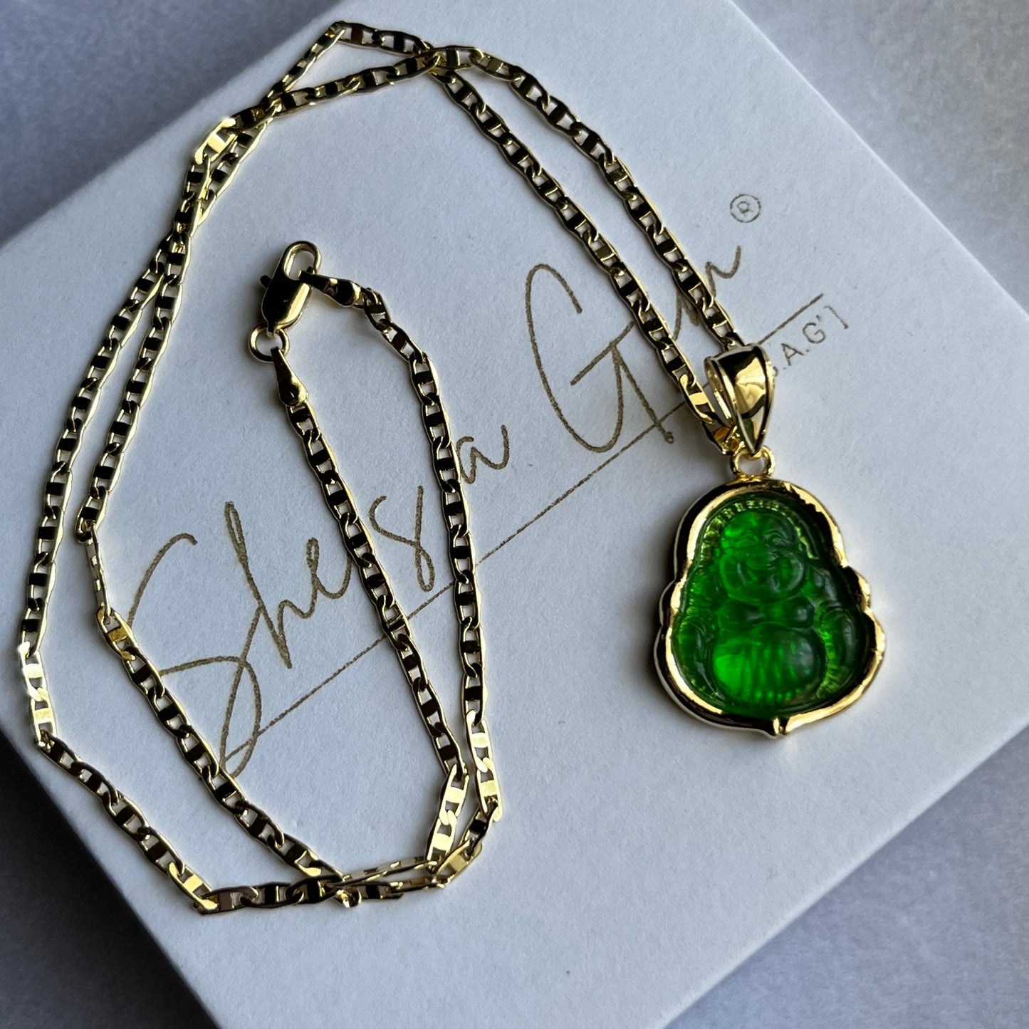 18K Gold Filled Green Happy Buddha Necklace