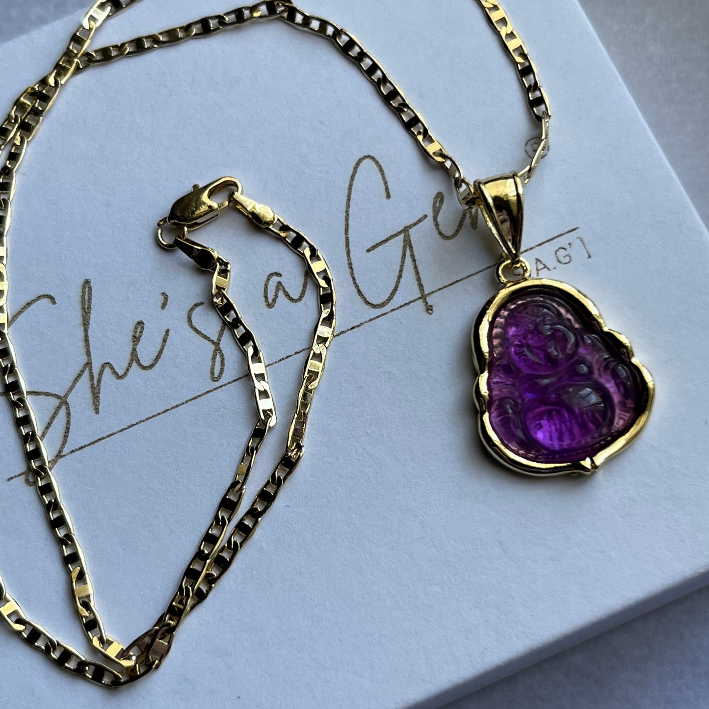 18K Gold Filled Purple Happy Buddha Necklace