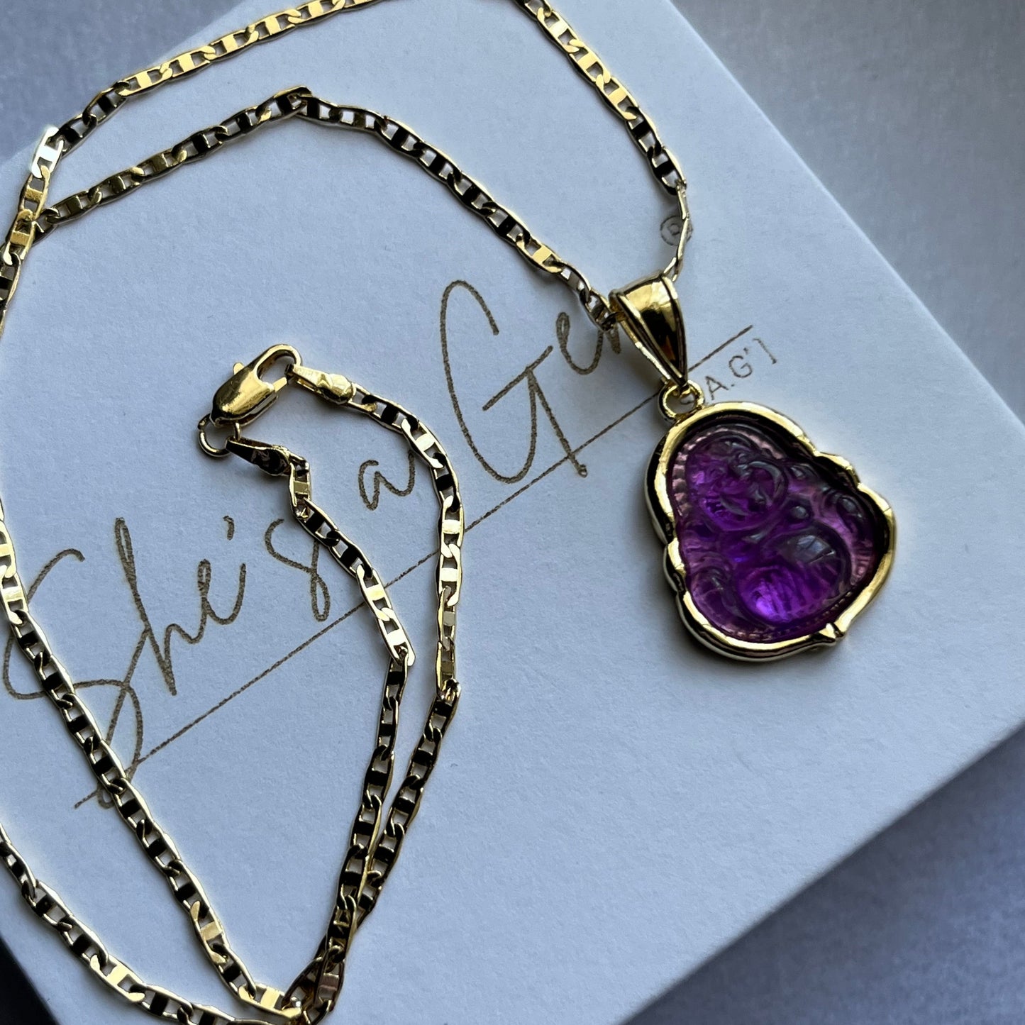 18K Gold Filled Purple Happy Buddha Necklace