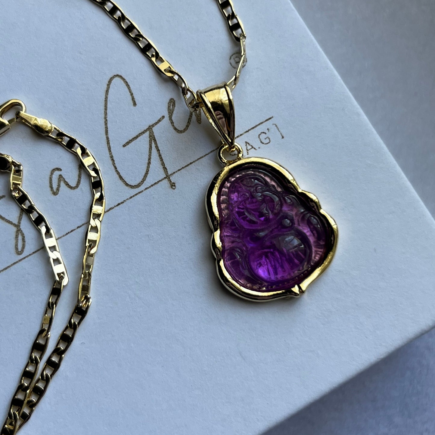 18K Gold Filled Purple Happy Buddha Necklace