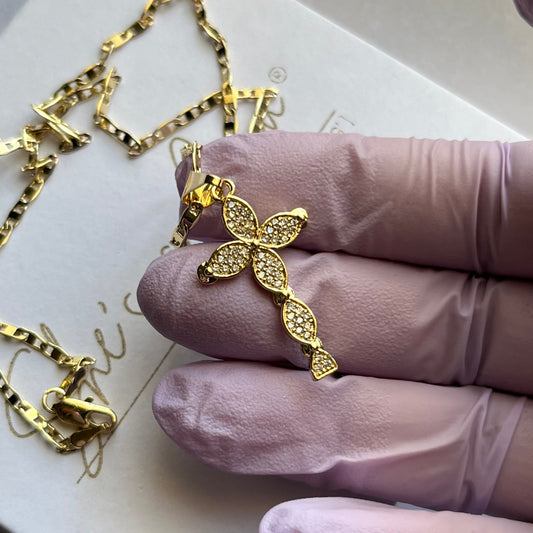 18K Gold Filled Pristine Petal Cross Necklace
