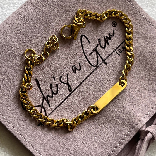 18K Gold PVD Stainless Steel Engravable Curb Chain Bar Bracelet