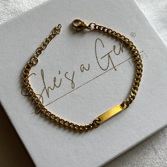 18K Gold PVD Stainless Steel Engravable Curb Chain Bar Bracelet