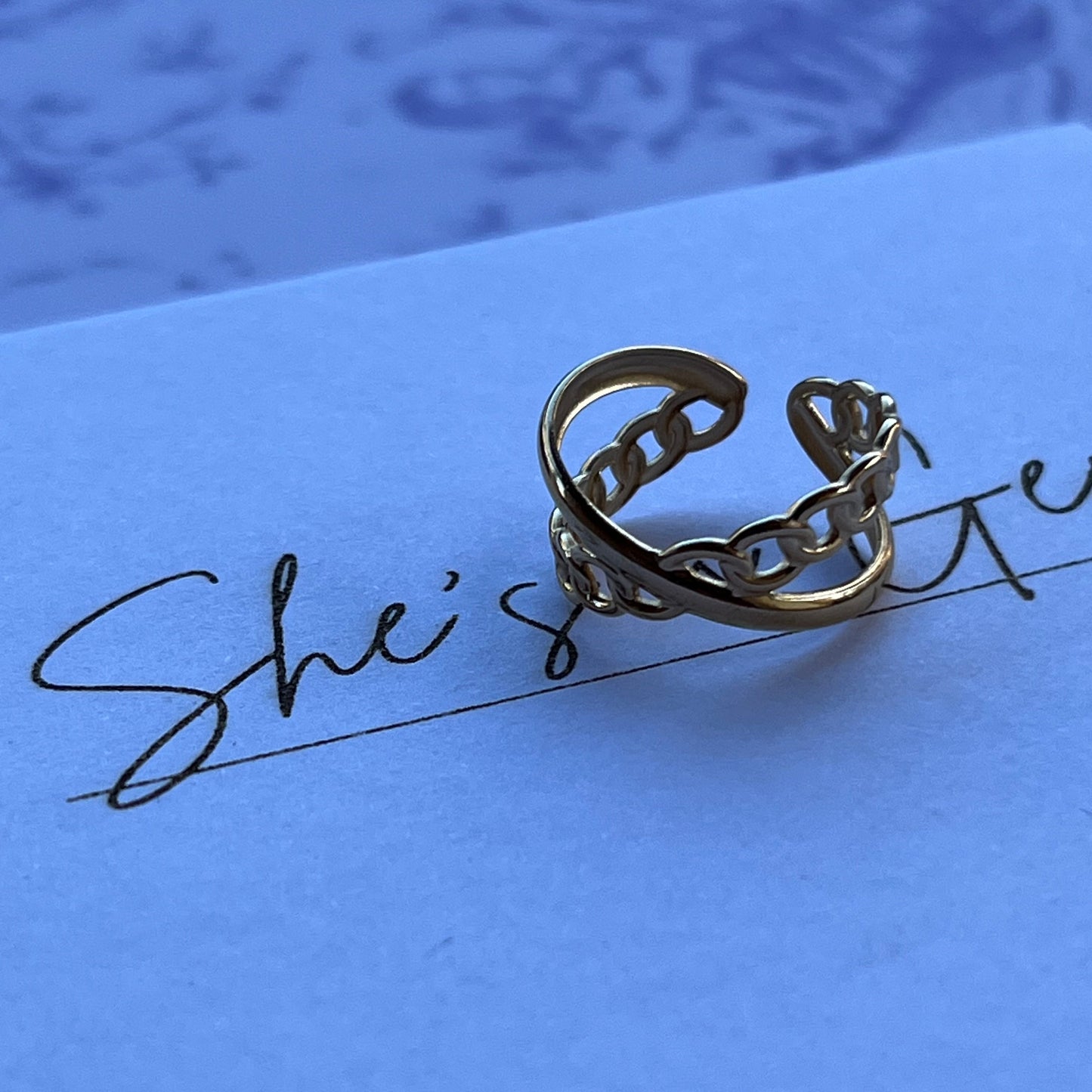 18K Gold Plated Stainless Steel Linked Cuff Chain Ring