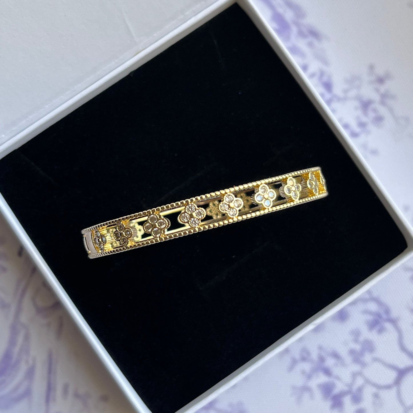 Gold Floral Blossom Zirconia Bangle Bracelet