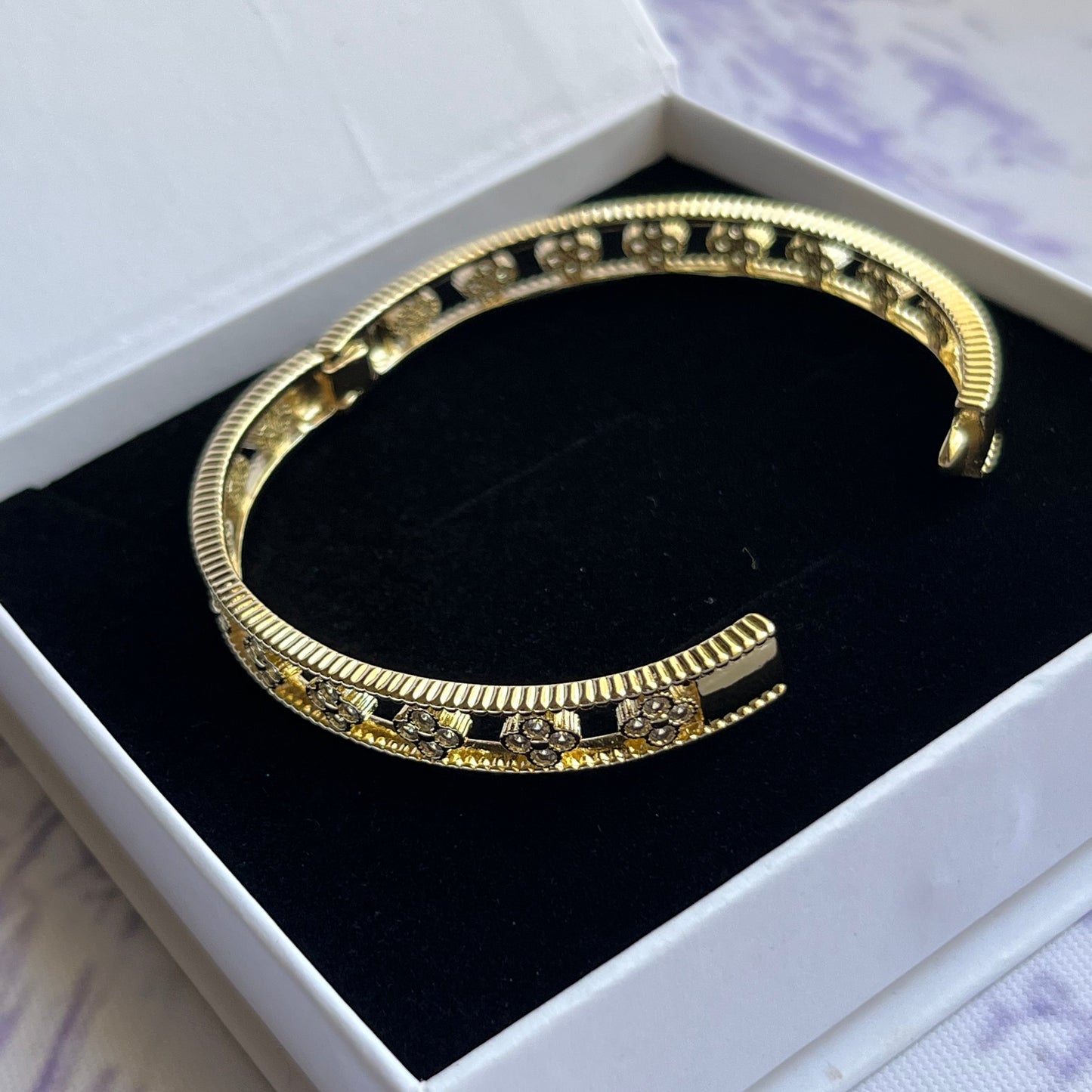 Gold Floral Blossom Zirconia Bangle Bracelet